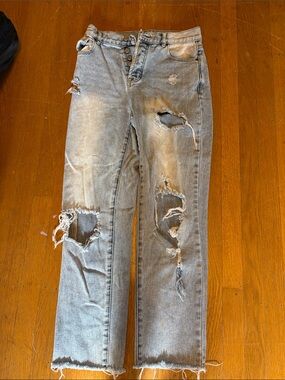 PacSun Women's Light Blue Distressed Straight-Leg Jeans